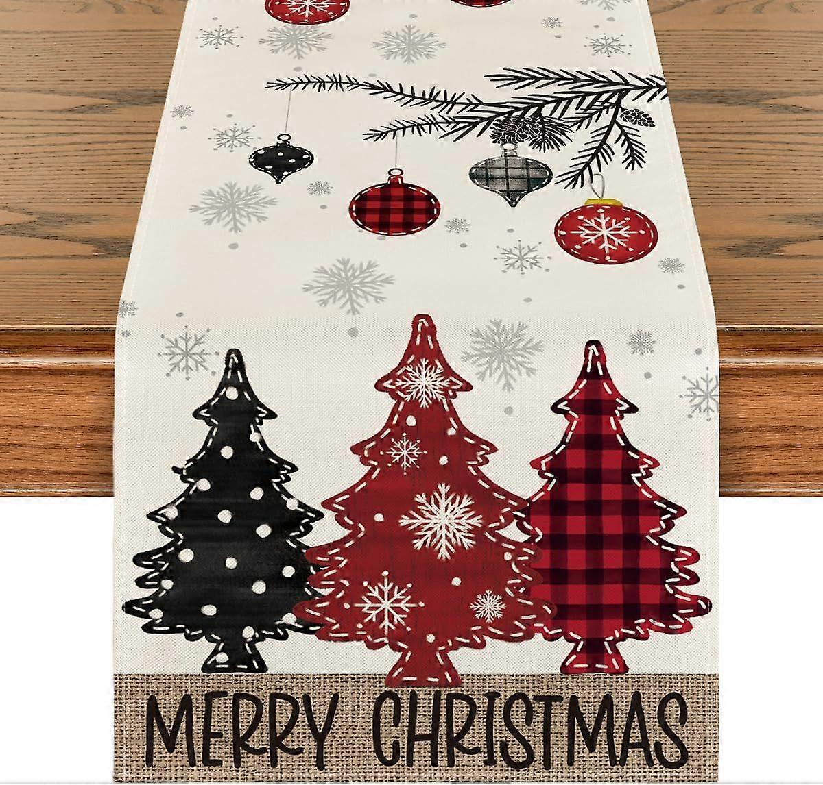 Mode Red Pine Trees Merry Christmas Table Runner, Winter Xmas Holiday Kitchen