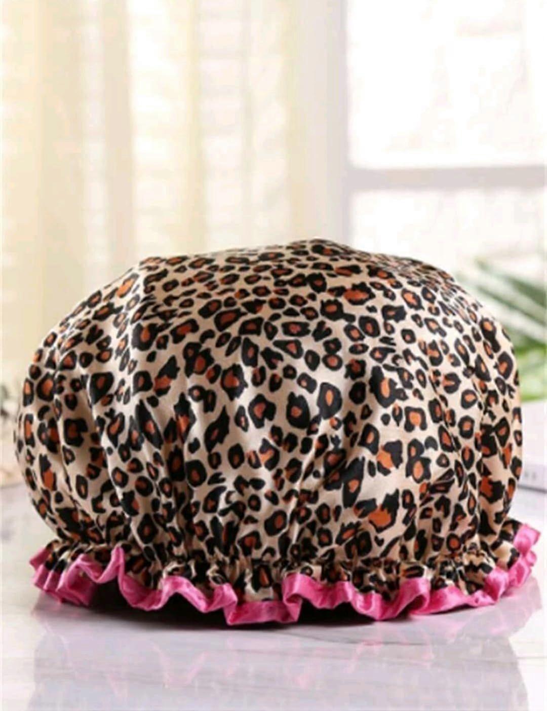 Shower Cap with Leopard Print Pattern, Pink Ruffle Trim Multicolor