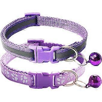 2-Pack Footprint & Reflective Cat Collar With Bell Basic Dog Cat Collar Buckle Adjustable Polyester Cat Dog-Light Purple