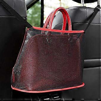 Car universal elasticated mesh trunk pocket tote for storing wallets, mobile phones, documents and a barrier for pets in the back seat.