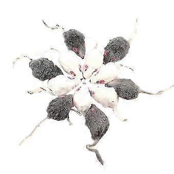 Jouets pour chats : 12 souris en fourrure de lapin véritable avec hochet, gris et blanc, peluche de 12 x 5 cm pour les jeux des animaux.