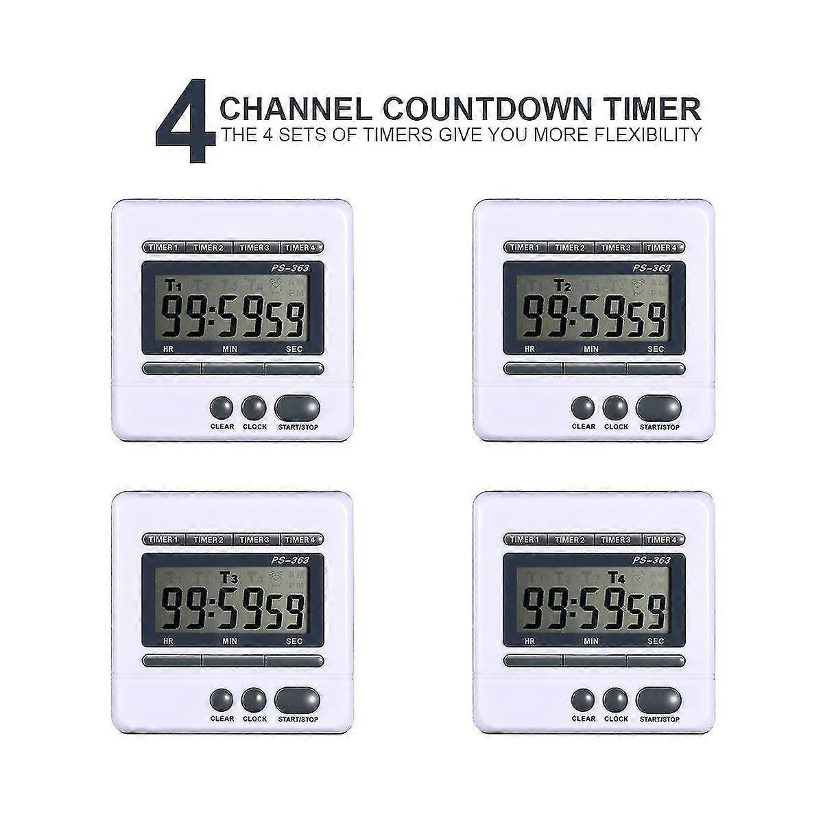 Digitaler Countdown-Timer, 4-Kanal-Count-Up-Down-Küchen-Kochtimer-Uhr