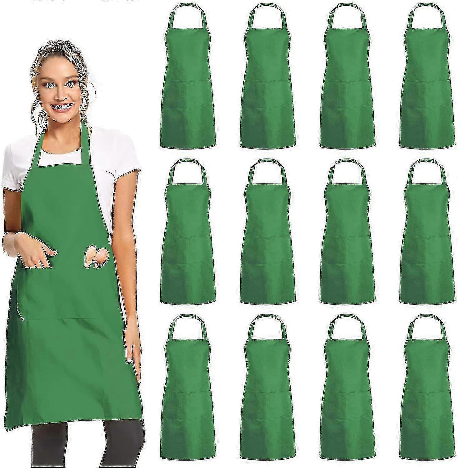 Plain Bib Aprons 12 Pack with 2 Pockets compatible with Kitchen Cooking & Crafting