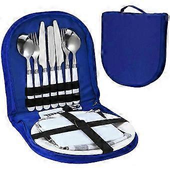 R9 Portable Outdoor Camping Cutlery Set with Spoon Fork Knife Plate (blue)