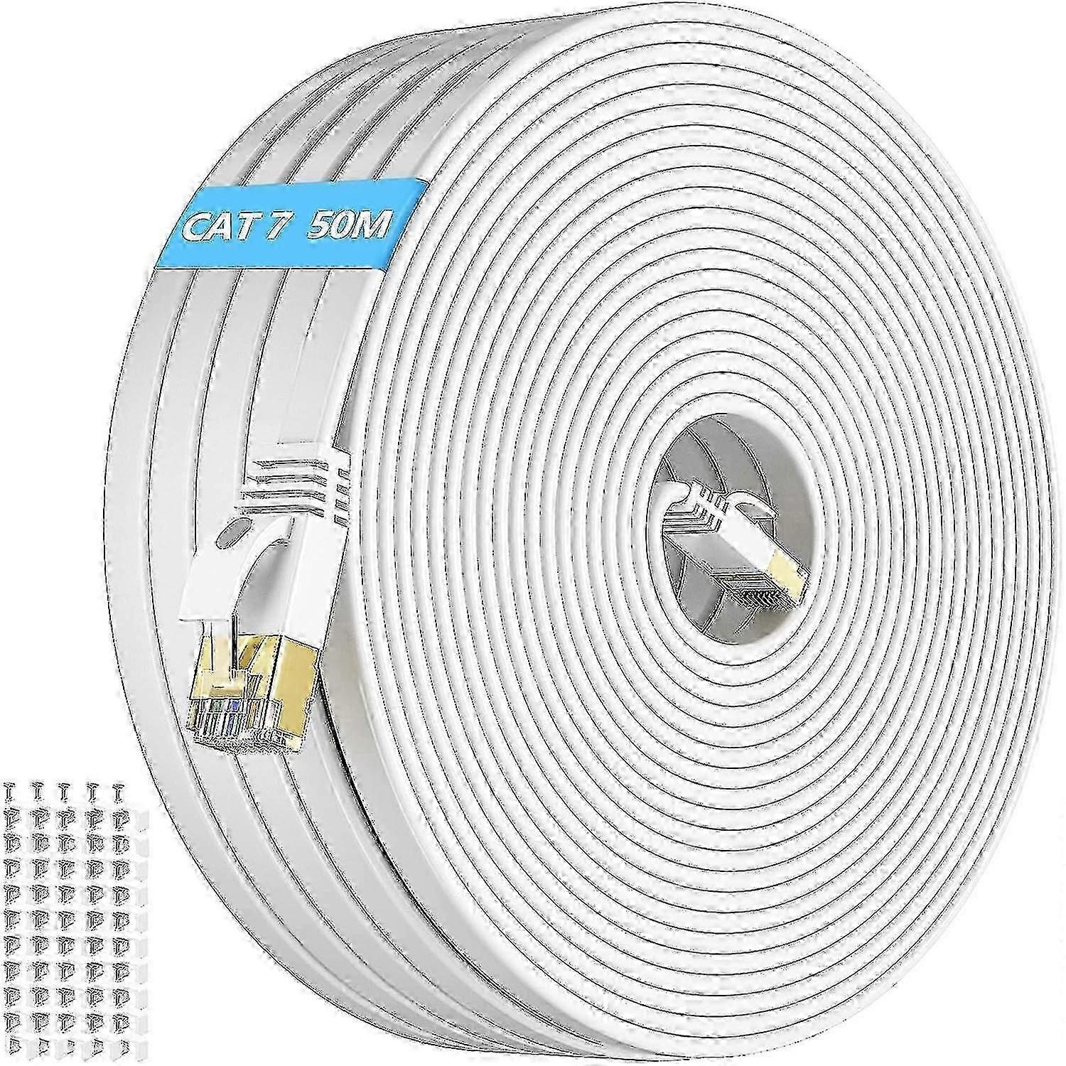 50m Cat 7 Flat Ethernet Cable High Speed Shielded Network Cable White