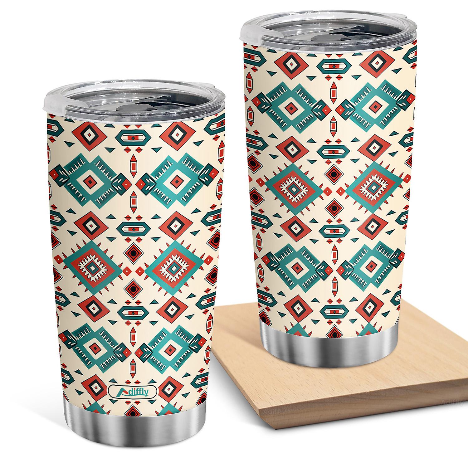 Oasisdream Tumbler with Dark Turquoise Blocks Printed Double Wall Stainless Steel Cup for Coffee