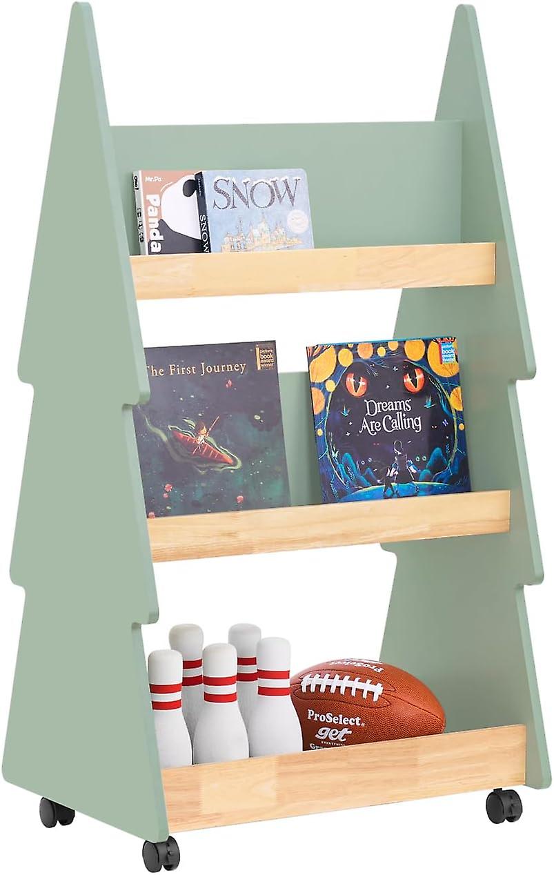 Tree Shaped 3 Tiers Children Kids Bookcase Bookshelf Storage Shelf on Wheels Light Green and Natural,SoBuy KMB99-H-GR