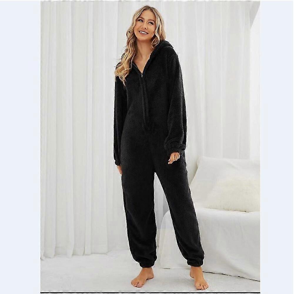 Combinaison Pyjama Femme Flanelle à Capuche - Grenouillère Polaire Chaude, Fermeture éclair, Oreilles De Chat