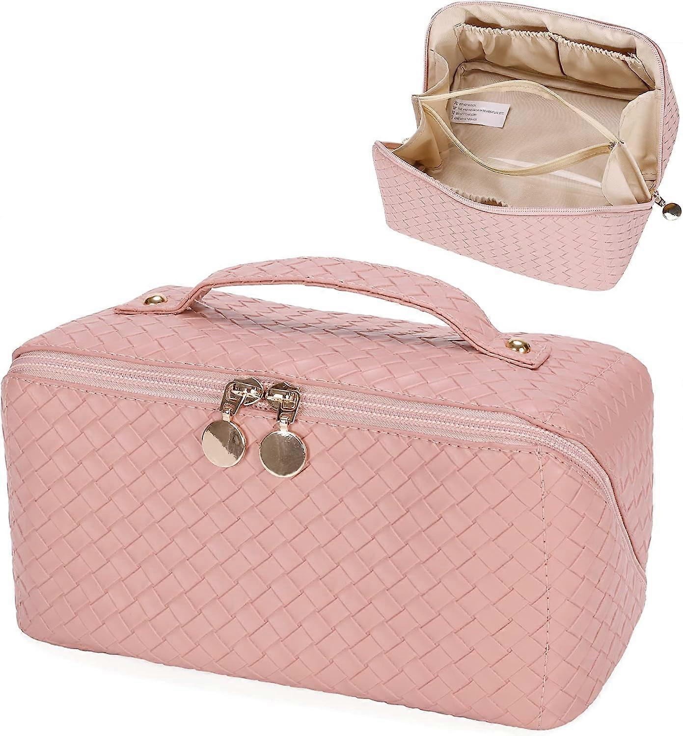 Travel Makeup Bag, Large Capacity Cosmetic Bags, Portable Makeup Organizer Bag, PU Leather Waterproof Cosmetic Bag Flat Toiletry Bag