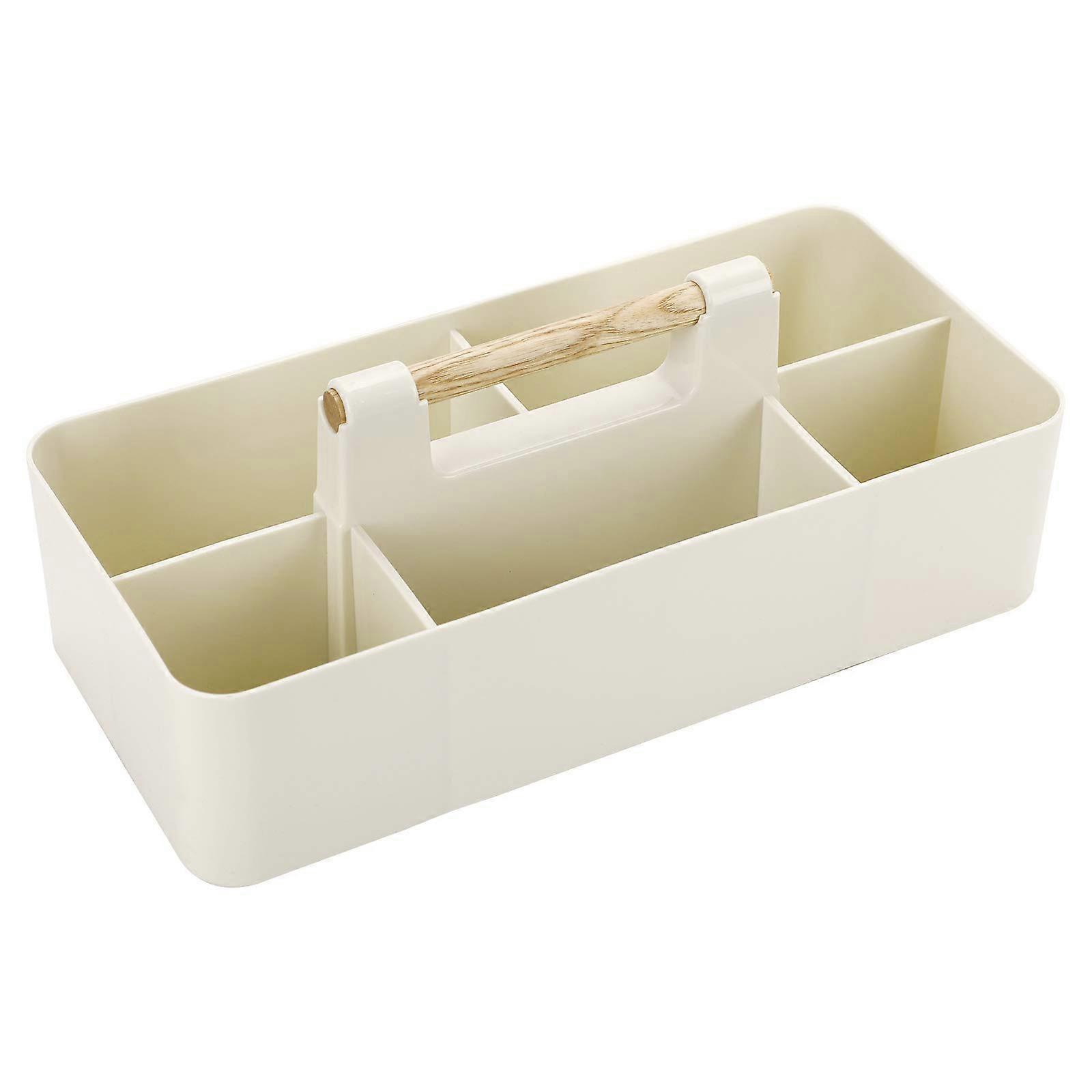 Rectangular Stackable Desktop Storage Organizer Tote Divided Basket Bin, 5 Compartments Storage Box Holder with Wood Handle (Beige)