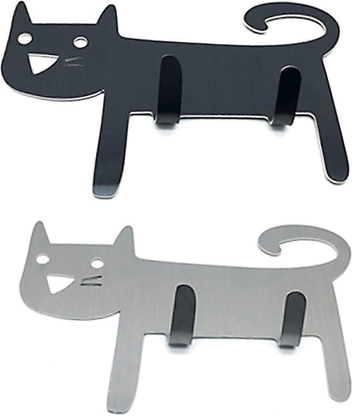 Decorative Wall Hooks, Sticky Hooks, Cute Cat-shaped Wall Hooks(2 pcs, silver, black)