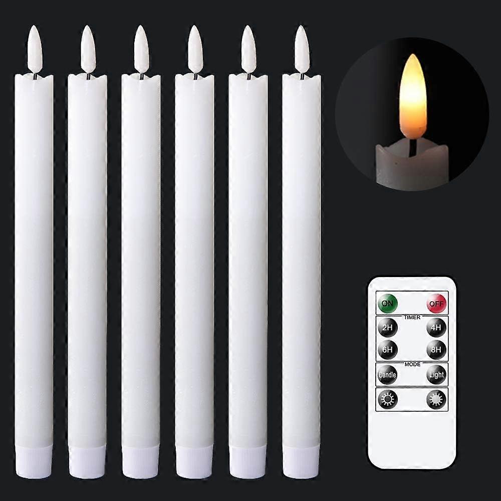 Flickering Flameless White Taper Candles with 10-Key Remote Control, Battery Operated Warm 3D Wick Window Candles, Set of 6, Christmas Home Wedding De