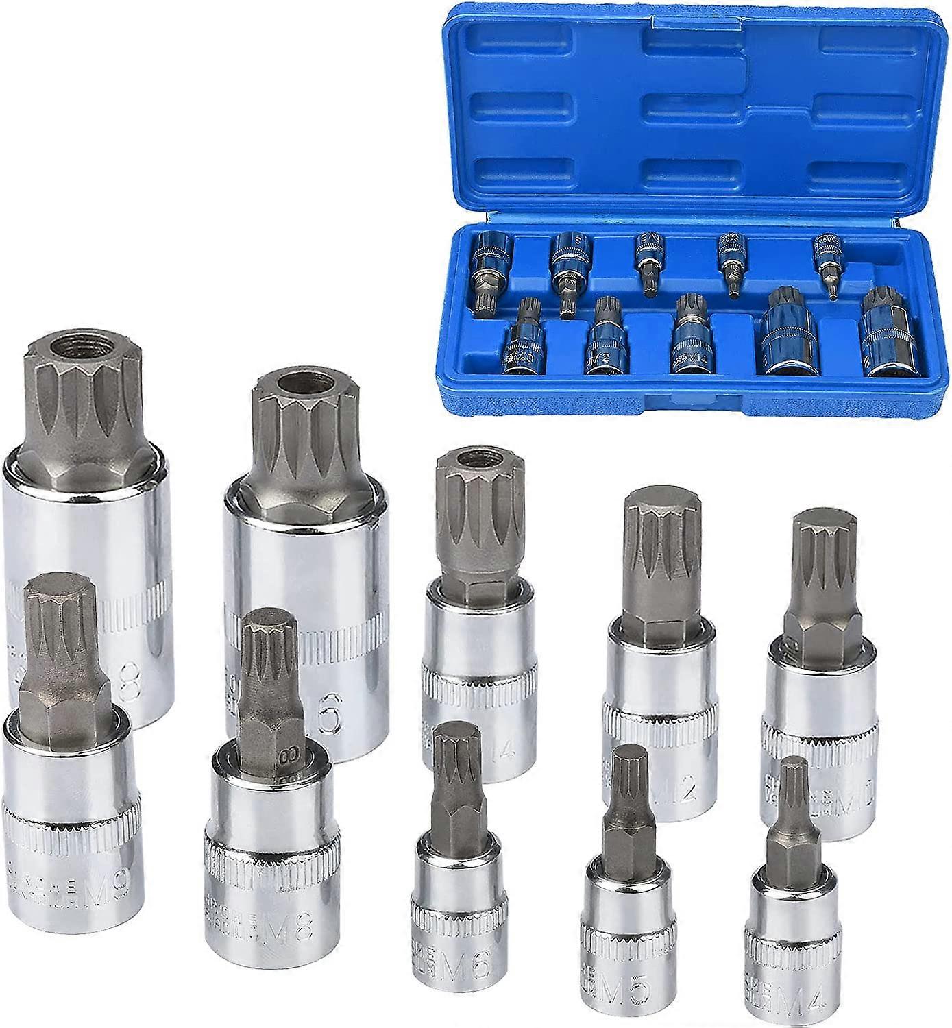 10 Piece M4 Spline Socket Set - M18 Torx - Triple Square Socket Set with Storage Case