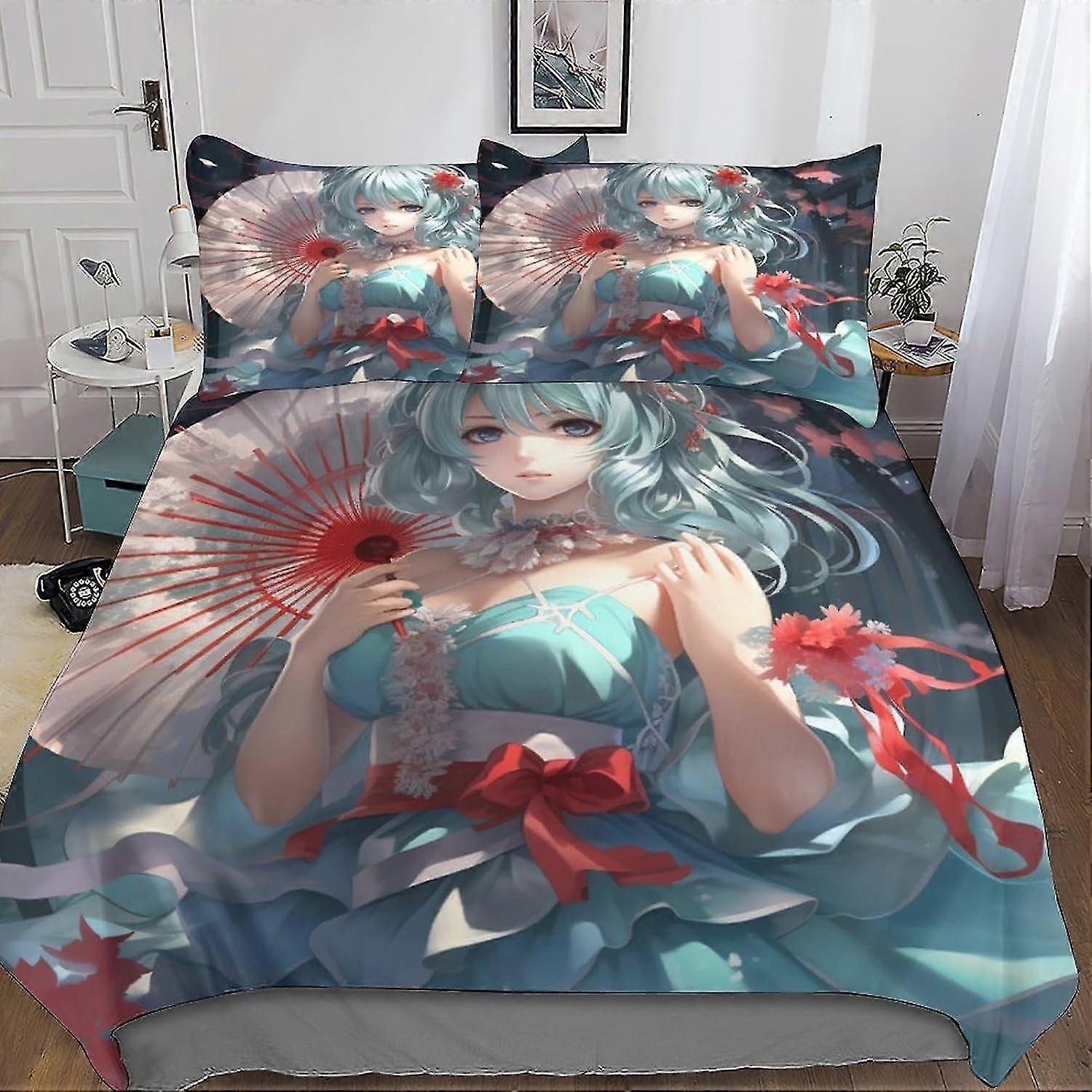 o4231 Lençóis Hatsune Miku Conjunto de 3 Peças Capa de Edredom, Conjuntos de Cama Microfibra Impressão 3D Anime Cartoon Quilt Cover com Fronhas com Zíper Oculto