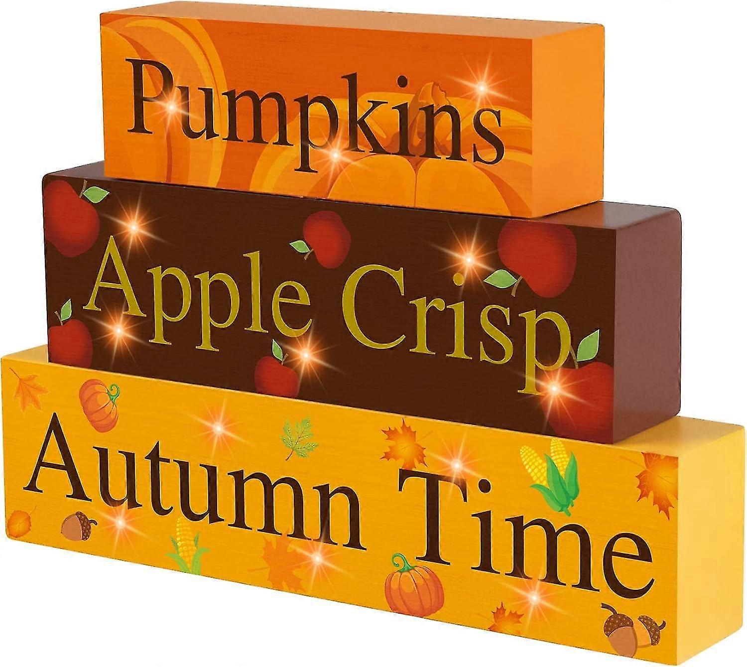 Fall Wooden Block Sign with Led Lights- Fall Pumpkins Apple Crisp Autumn Time Wood Sign for Table
