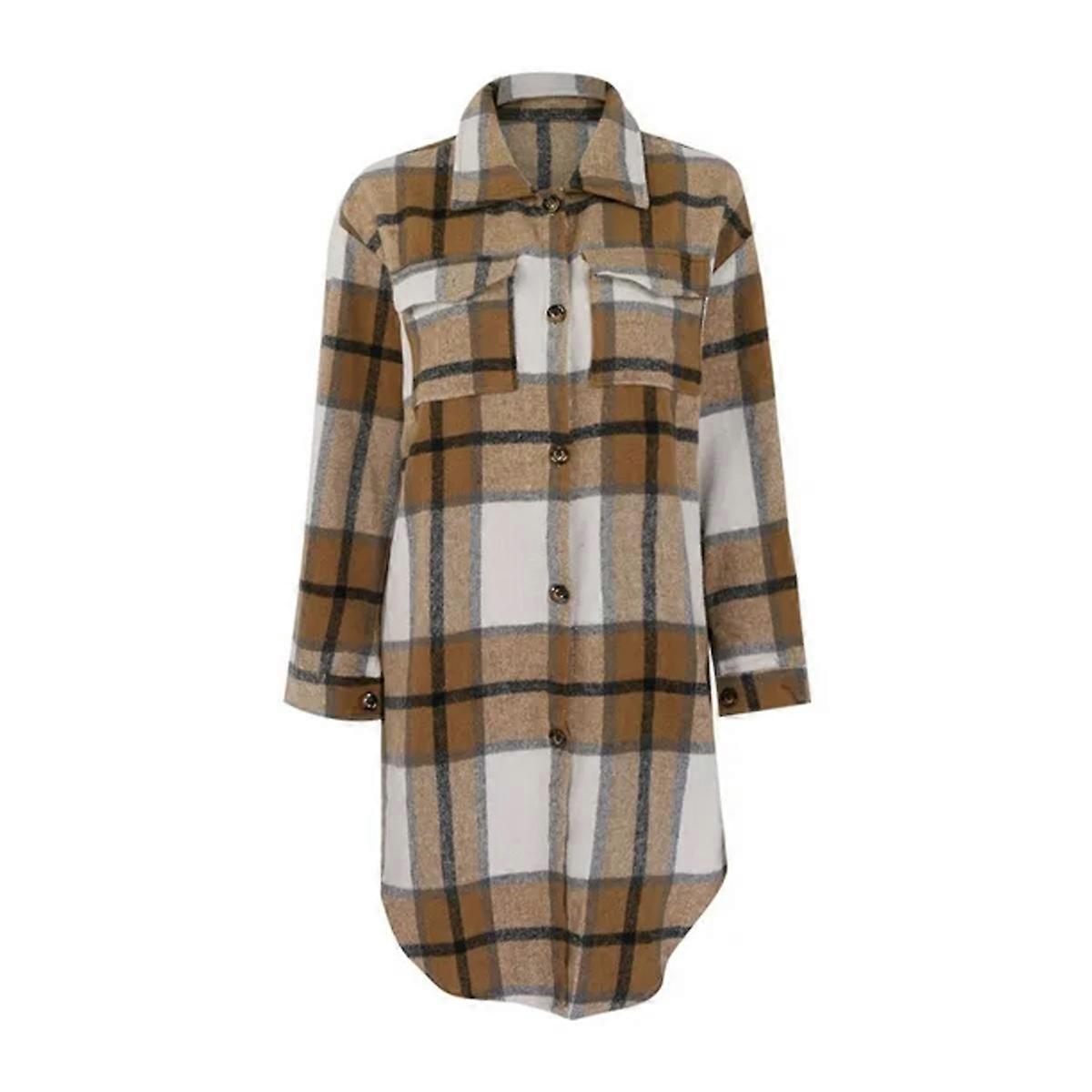 Karierte Shacket-Jacke für Damen, langer Cord-Trenchcoat mit lässigem Revers und Flanell