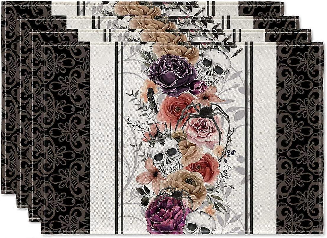 جماجم الورود يوم الميت المفارش مجموعة من 4 ، 12x18 بوصة صورة ظلية هالوين سقوط الجدول الحصير للحفلات المطبخ لتناول الطعام الديكور