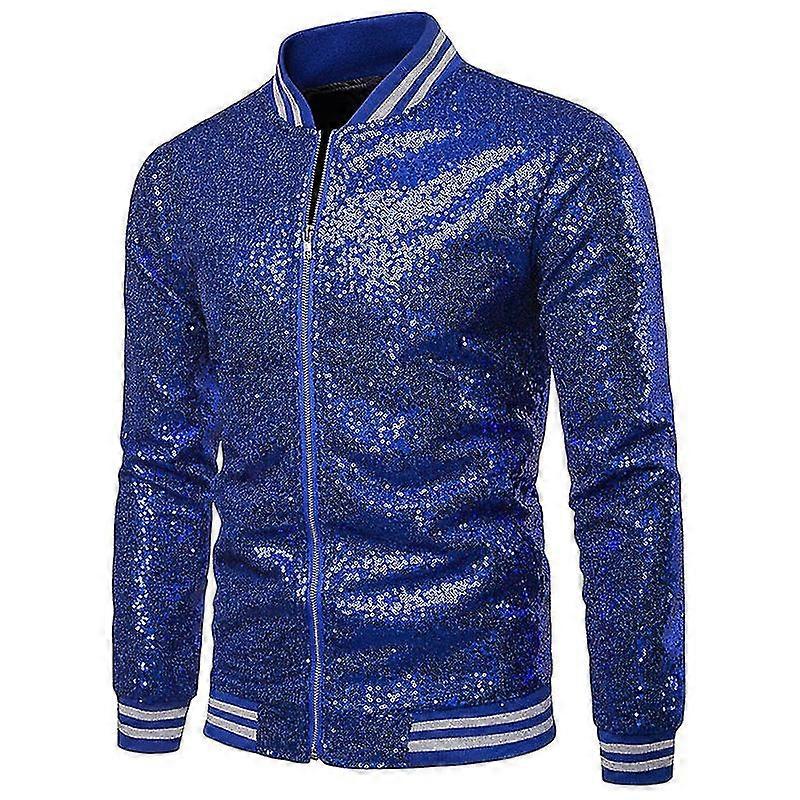 Mens Sequins Casual Jacket Party Bomber Zipper Coat-blue