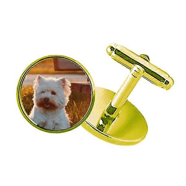 犬白い動物孤独な夜がちりばめられたビジネスメタルカフリンクスゴールデン