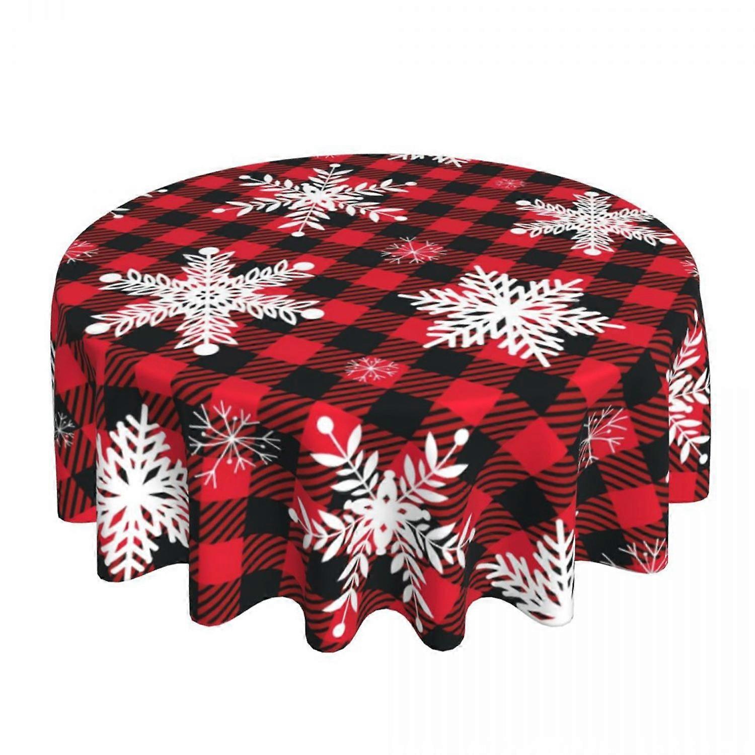 Christmas Table Cloth Snowflake Plaid Print New Year Style Round Shape Easy Care Table Protection