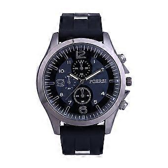 Stylish Men Casual Round Dial Three Eye Watch Silicone Strap Quartz Wristwatch (Black)