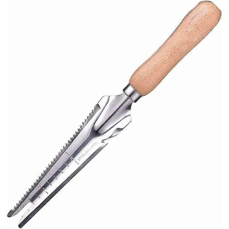Manual weeding tool with wooden handle for deep-rooted weeds, garden use.