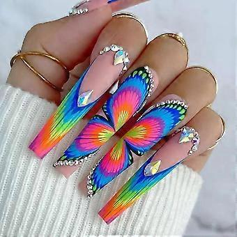 24Pcs Wearable Colorful Butterfly Designs French Press on Nails Long Ballet False Nails with Rhinestone acrylic Fake Nails tips