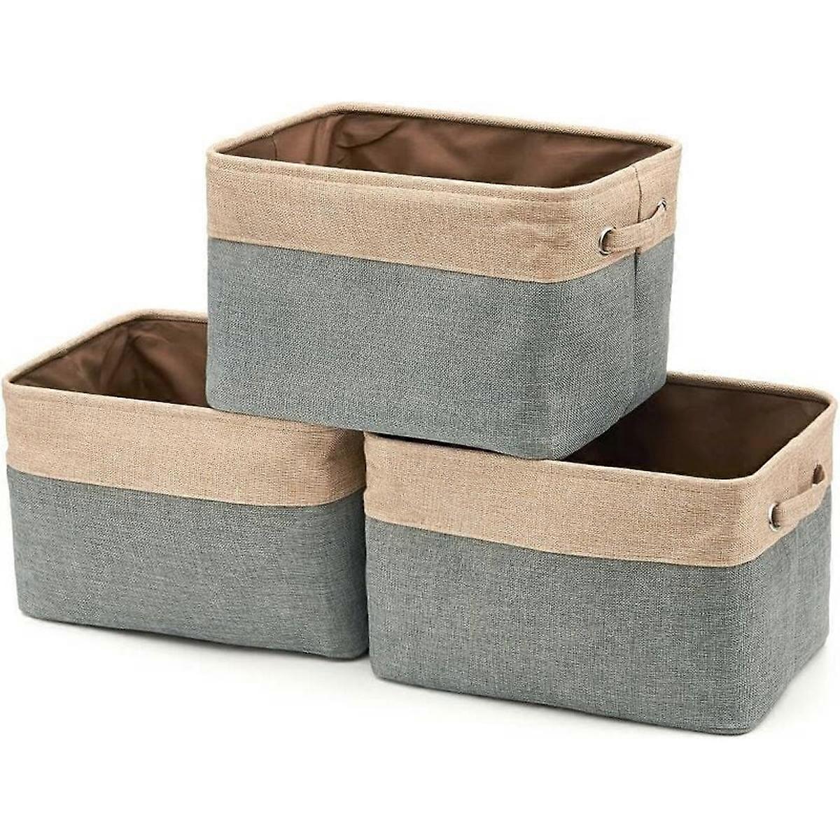 Foldable Jute Cotton Storage Box with Handle, Laundry Basket, Storage Unit for Wardrobe, Dressing, Wardrobe – Set of 3, Gray and Beige
