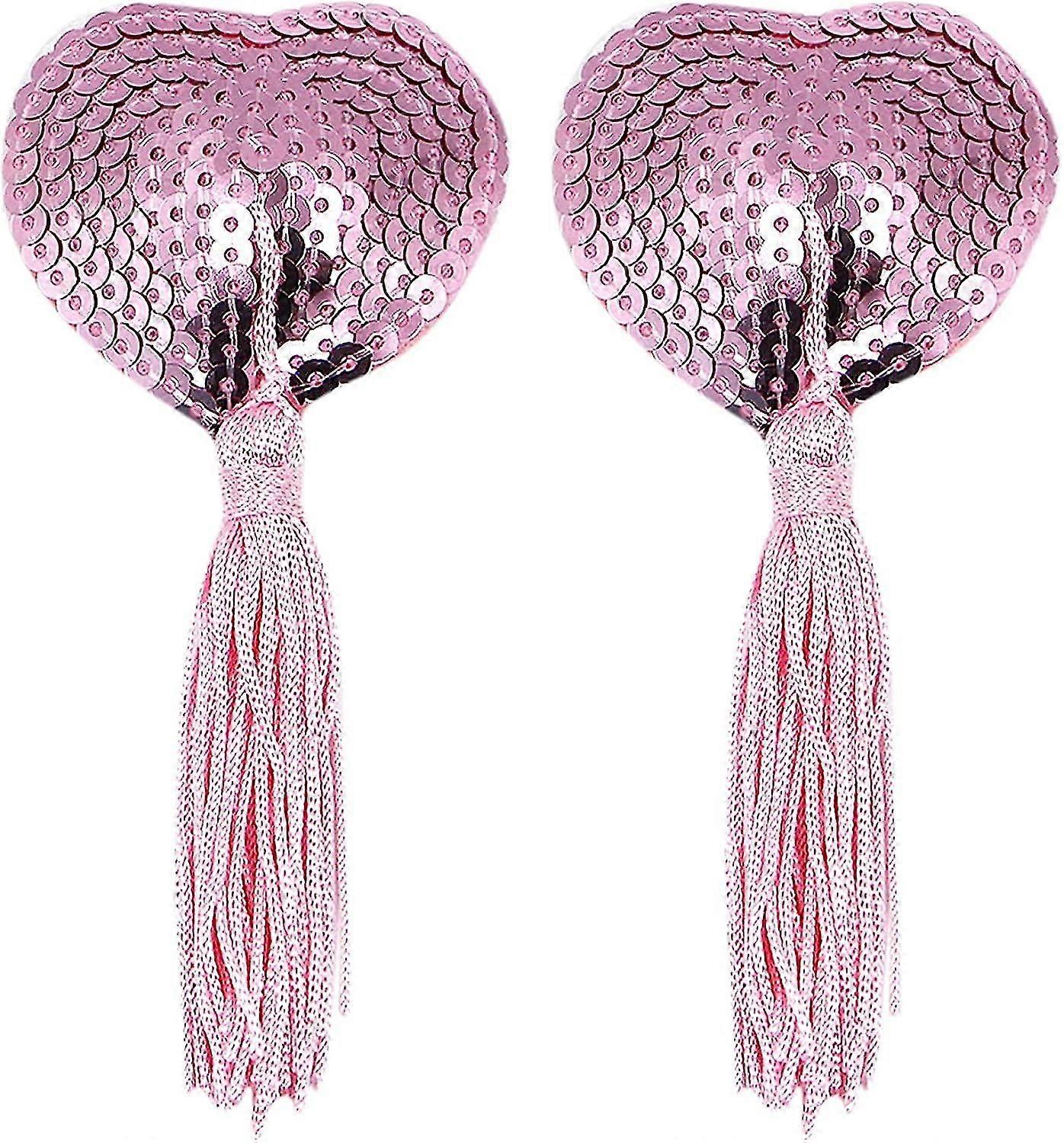 Reusable Adhesive Nipple Cover,shiny Sequin Silicone Heart-shaped Breast Pads Pasties Bra With Tassel