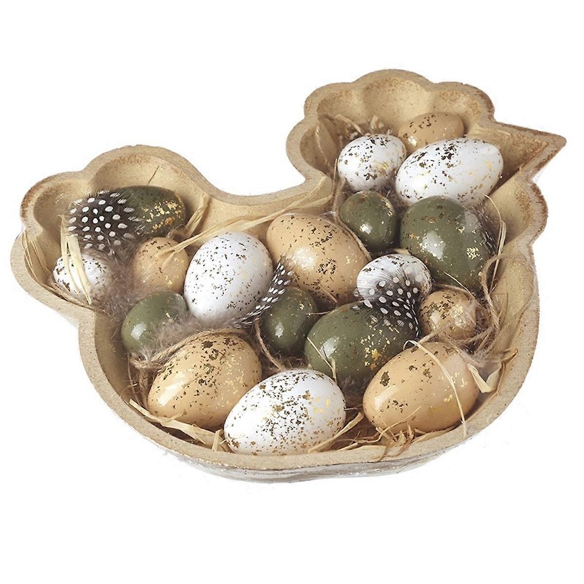Heaven Sends Gold Speckled Easter Egg Decorations In Hen Shaped Wooden Tray
