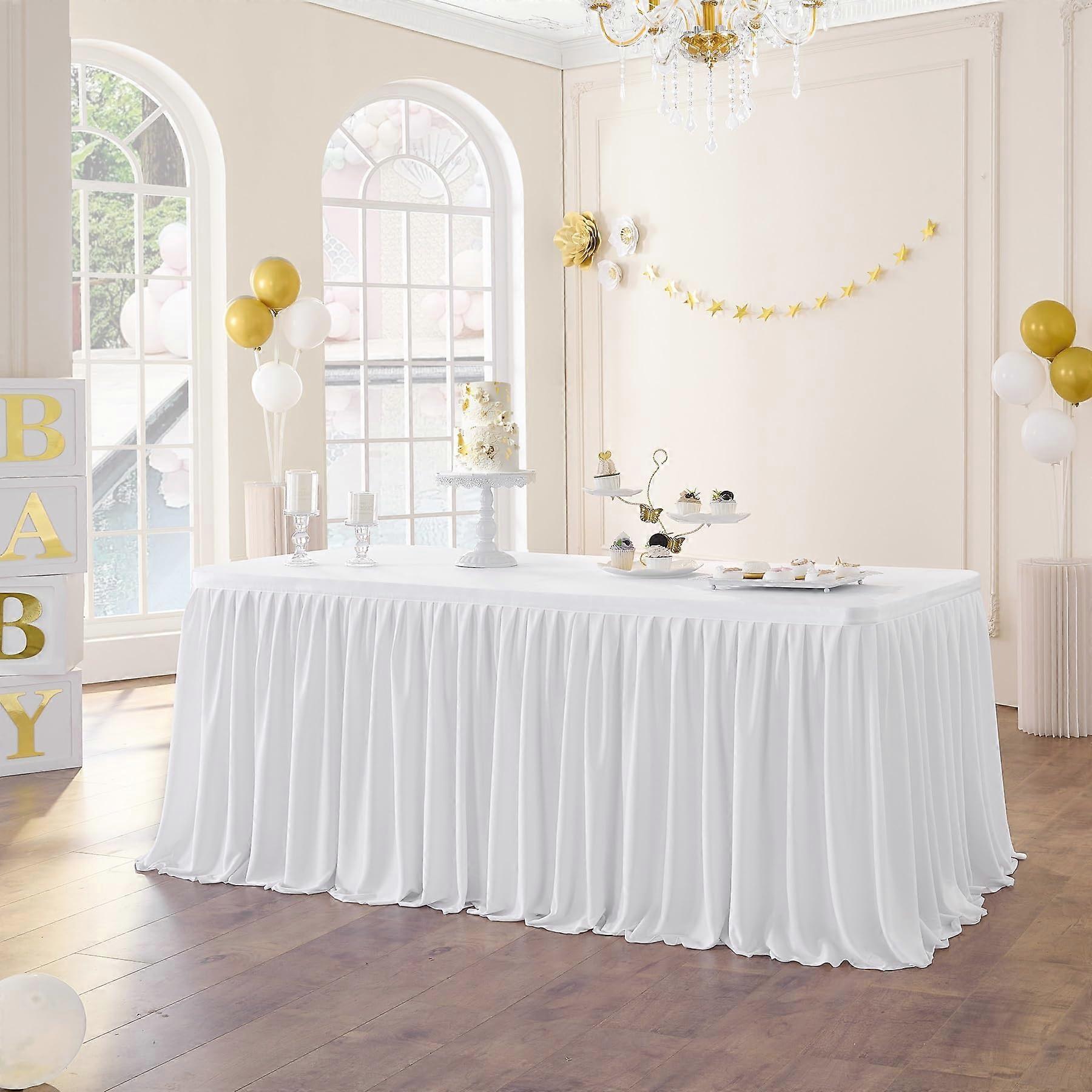 Long White Polyester Wrinkle Resistant Pleated Table Ruffle Skirt for Banquet 168Inch