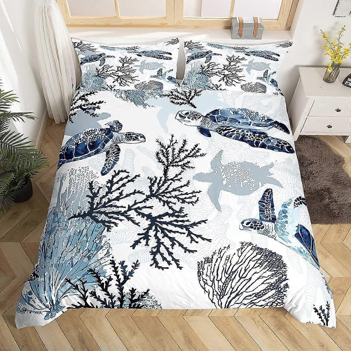 Turtle Bedding Set King Nautical Coastal Bedding,White Blue Sea Turtle Comforter Cover for Kids