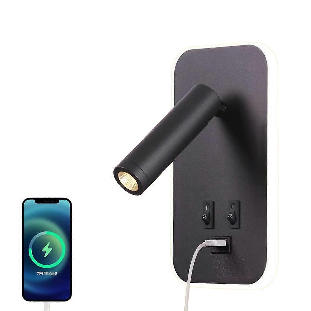 Sleek Design Wall Lamp with USB Charging Port, Die-Casting Aluminum + Iron Construction, 9W 6000K LED Headboard Lamp &amp; 3W 3000K LED Reading Light