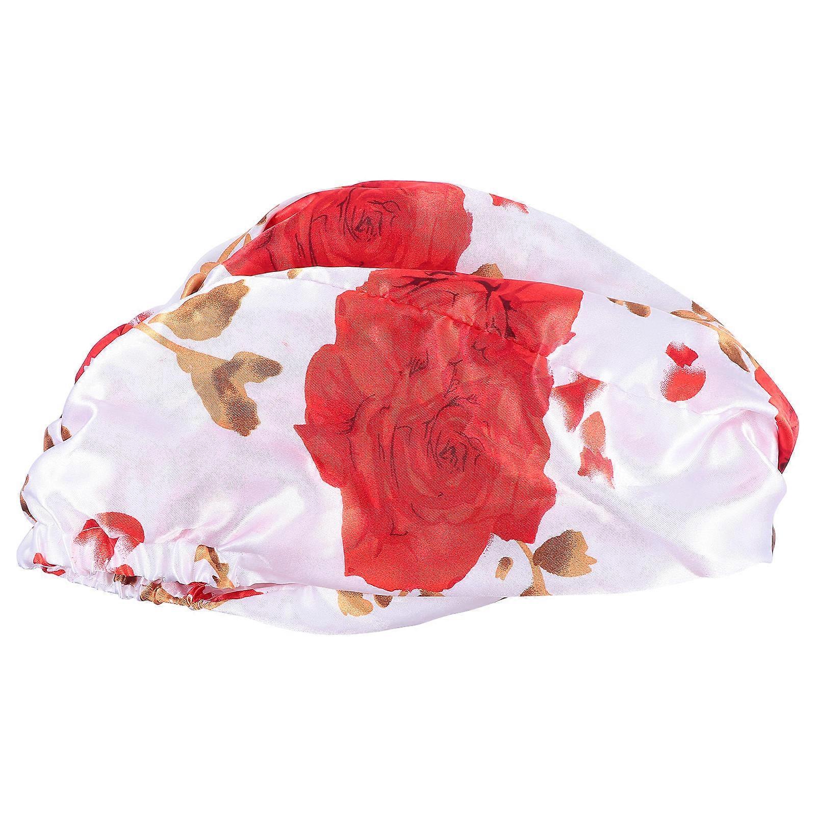 Satin Lined Sleep Cap Delicate Elastic Design Women Bathing White with Red Pattern 28x18cm 1Pcs