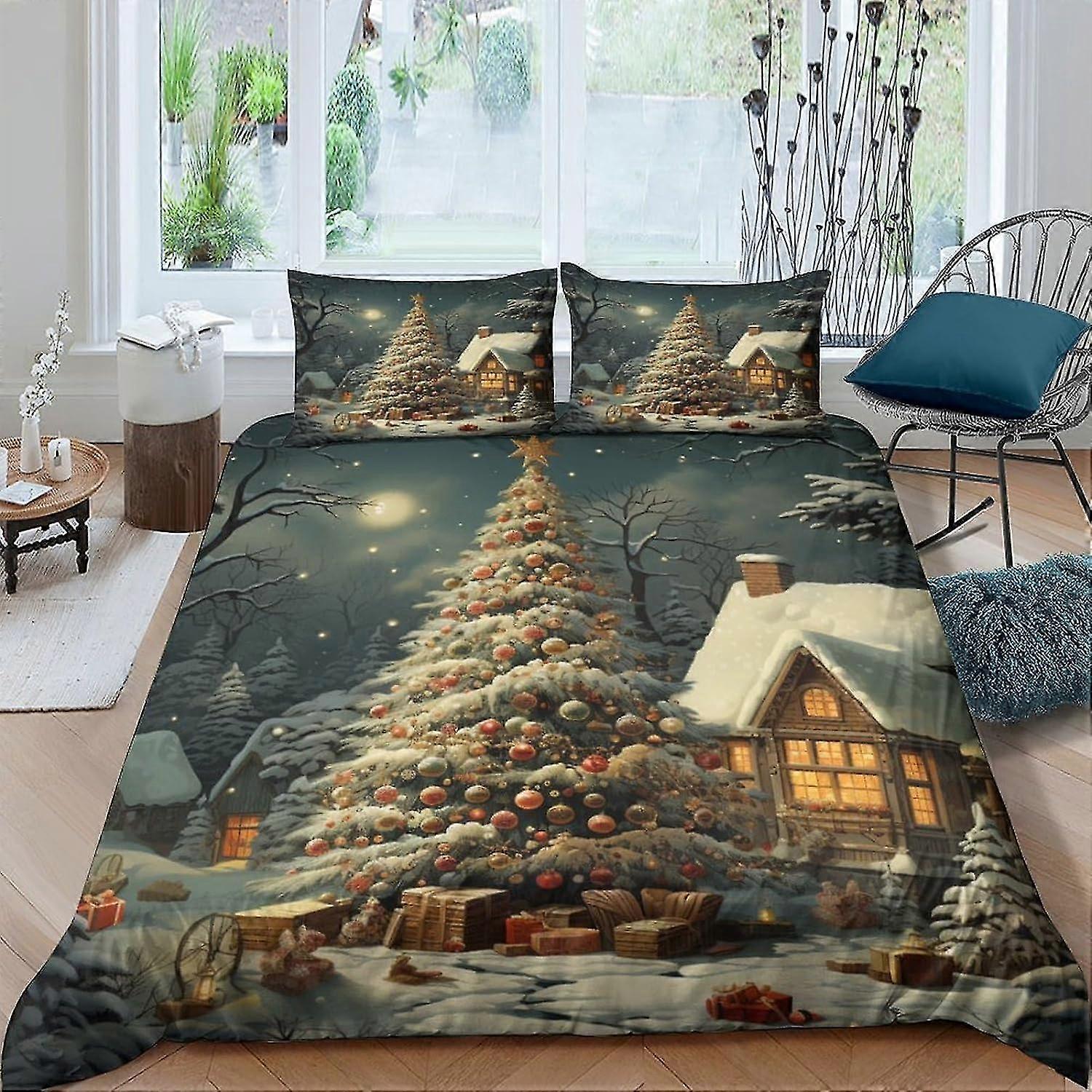 Christmas Tree Bedding Set with Zipper Closure, Decorate Quilt Cover Set for Teens and Adults, Durable Microfiber 3 P