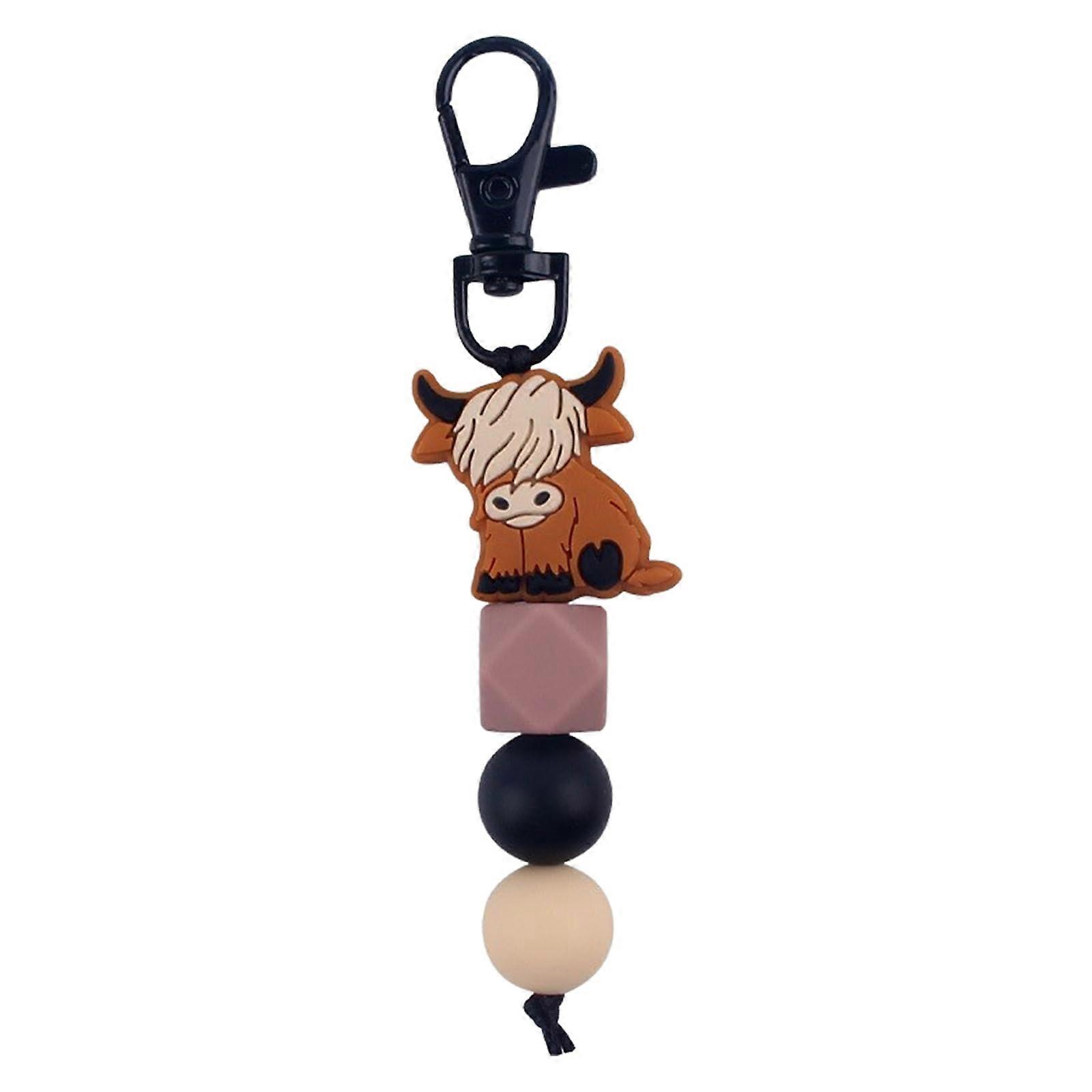 Highland Cattle Keychain for Backpack Accessories, Cow Pattern Keychain, Silicone Bead Keychain for Car Keys, Gift for Yak Lovers, brown