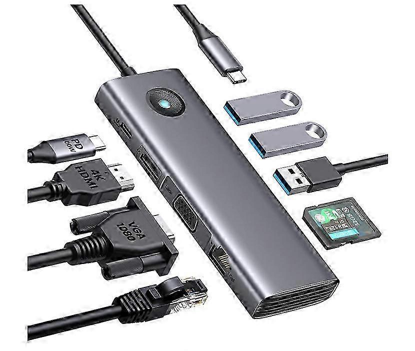 USB C Docking Station,9 in 1 USB C Dock with 1000Mbps with HDMI 4K+PD100W+3*USB3.0+Ethernet+SD/TF+VGA, Gray