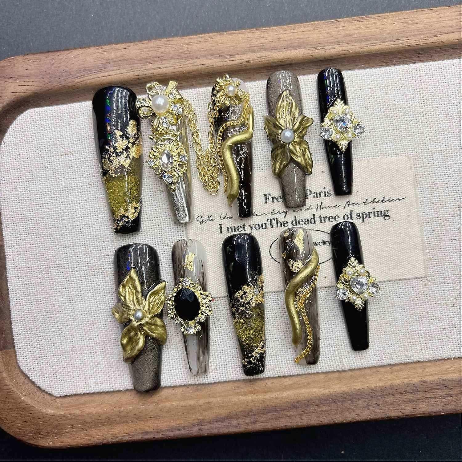 Gold Baroque Press on Nails Stiletto Long Chain False Nails
