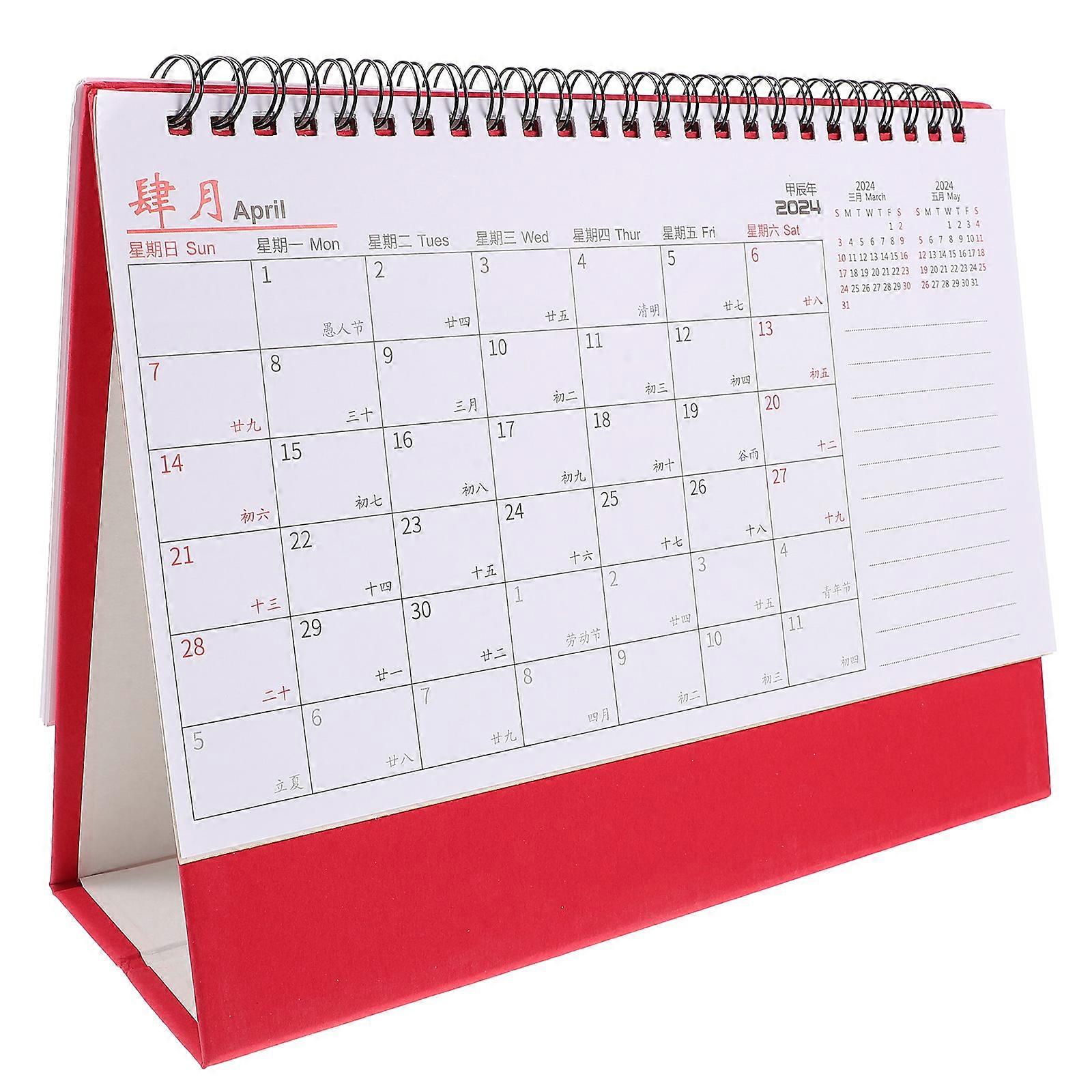 Coil Desk Calendar 2024 For Families Students Home Office Red Rectangular Note-Taking 1Set