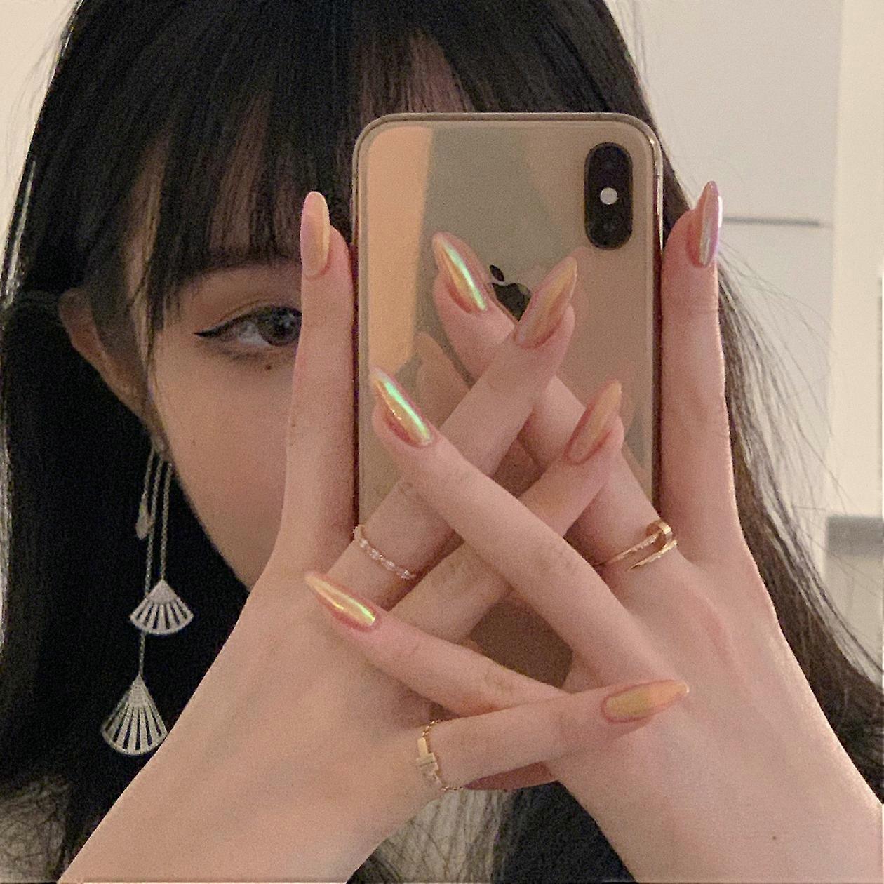 24pcs Pink Orange Fake Nail Patch Glue Type Removable Mid Length Paragraph