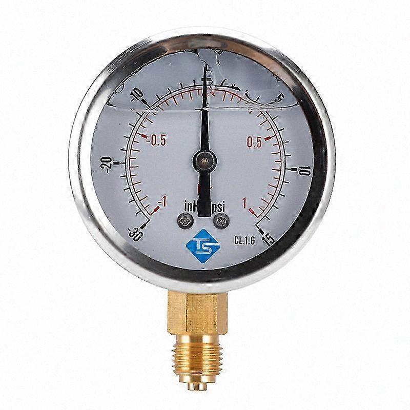 Dual Scale Pressure Gauge, -30 to 0 inHg/psi and -1 to 0 Bar, 1/4" NPT Bottom Mount, for Air, Water, Hydraulic, and Oil Applications, Radial Design