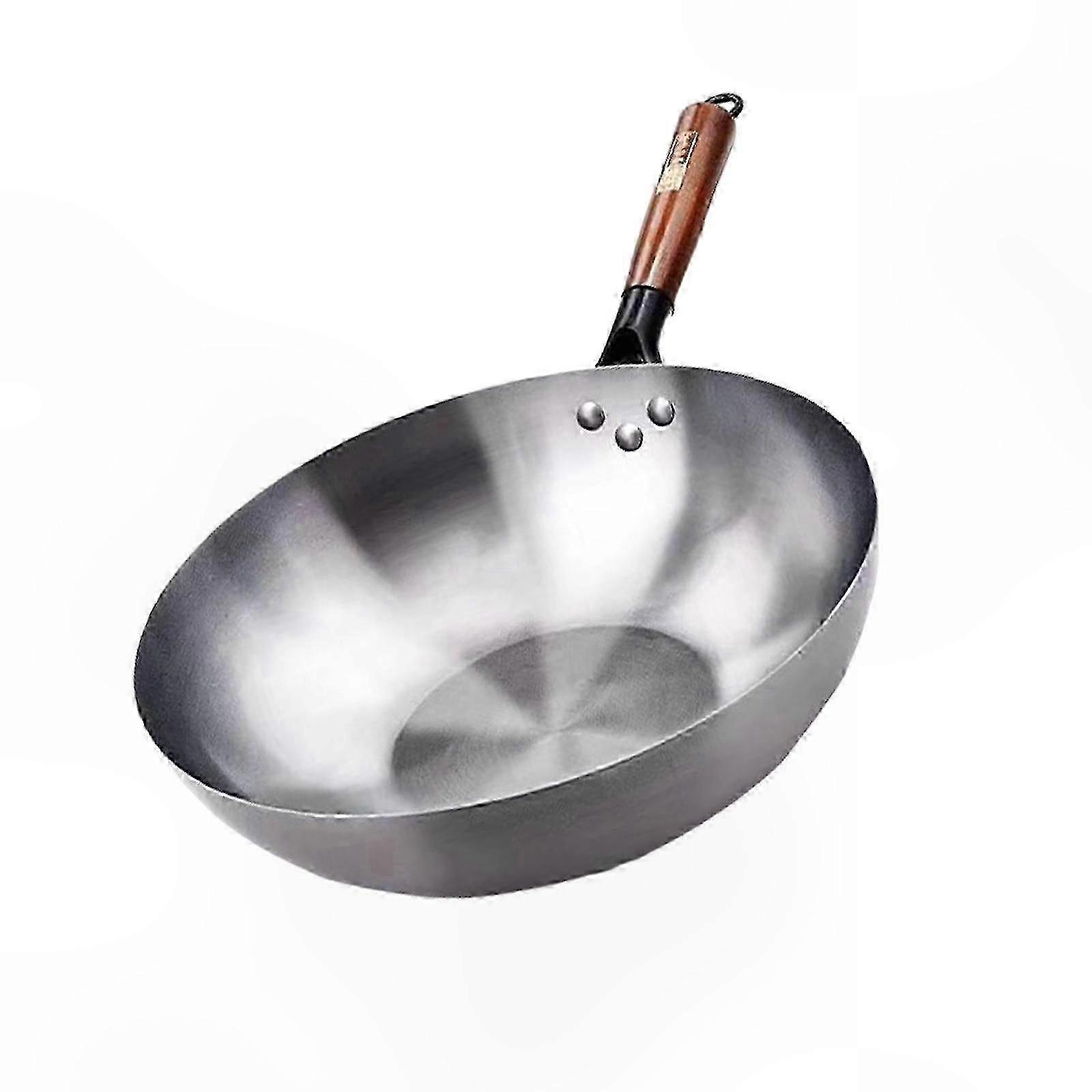 Flat Bottom Wok with Wooden Handle, Nonstick Carbon Steel Pan for Gas and Induction Cooking, Ideal for Stir-Frying, Melting Cheese, and Making Sandwic