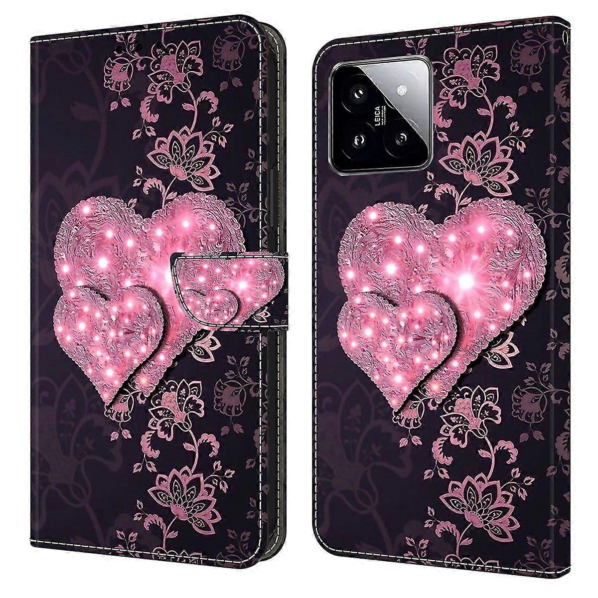 For Xiaomi 14 Case 3D Pattern Printing Phone Cover with Wallet Stand - Lace Hearts