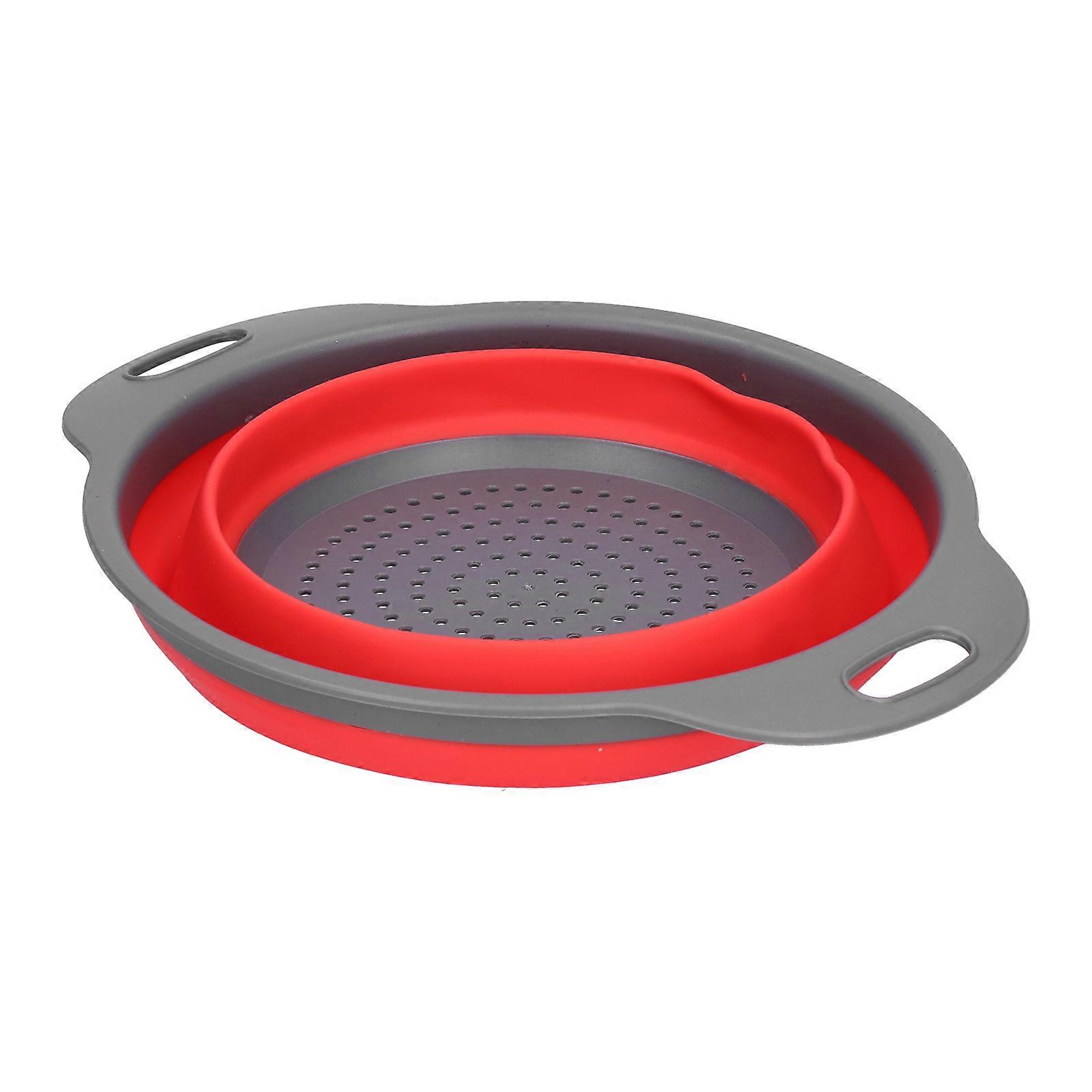 Red Small Silicone Round Folding Drain Basket with Handle for Kitchen