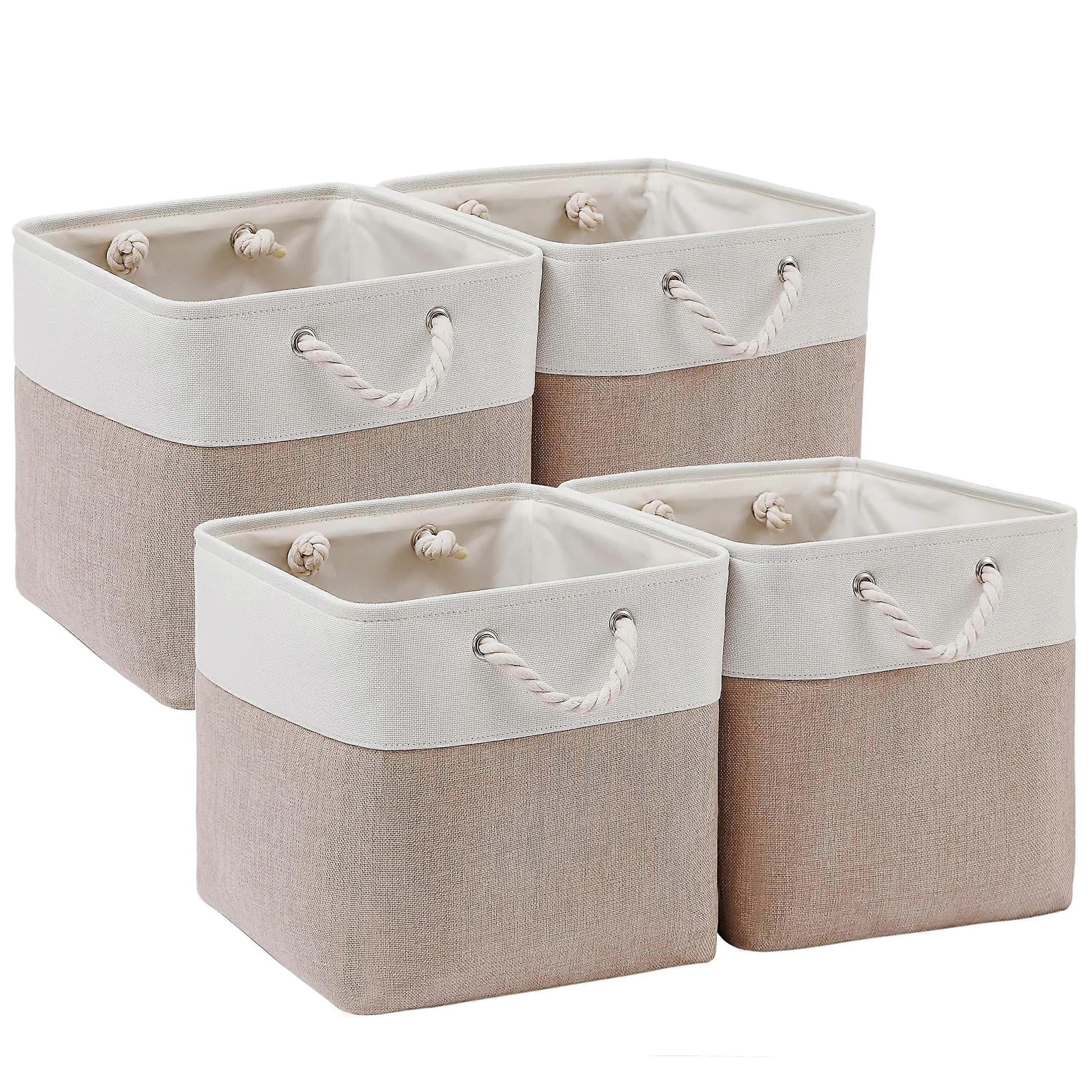 Cube Storage Boxes 28 x 28 x 28 cm, 4 Pack, Collapsible Fabric Bin with Ropes, Foldable Storage Cubes, White Beige