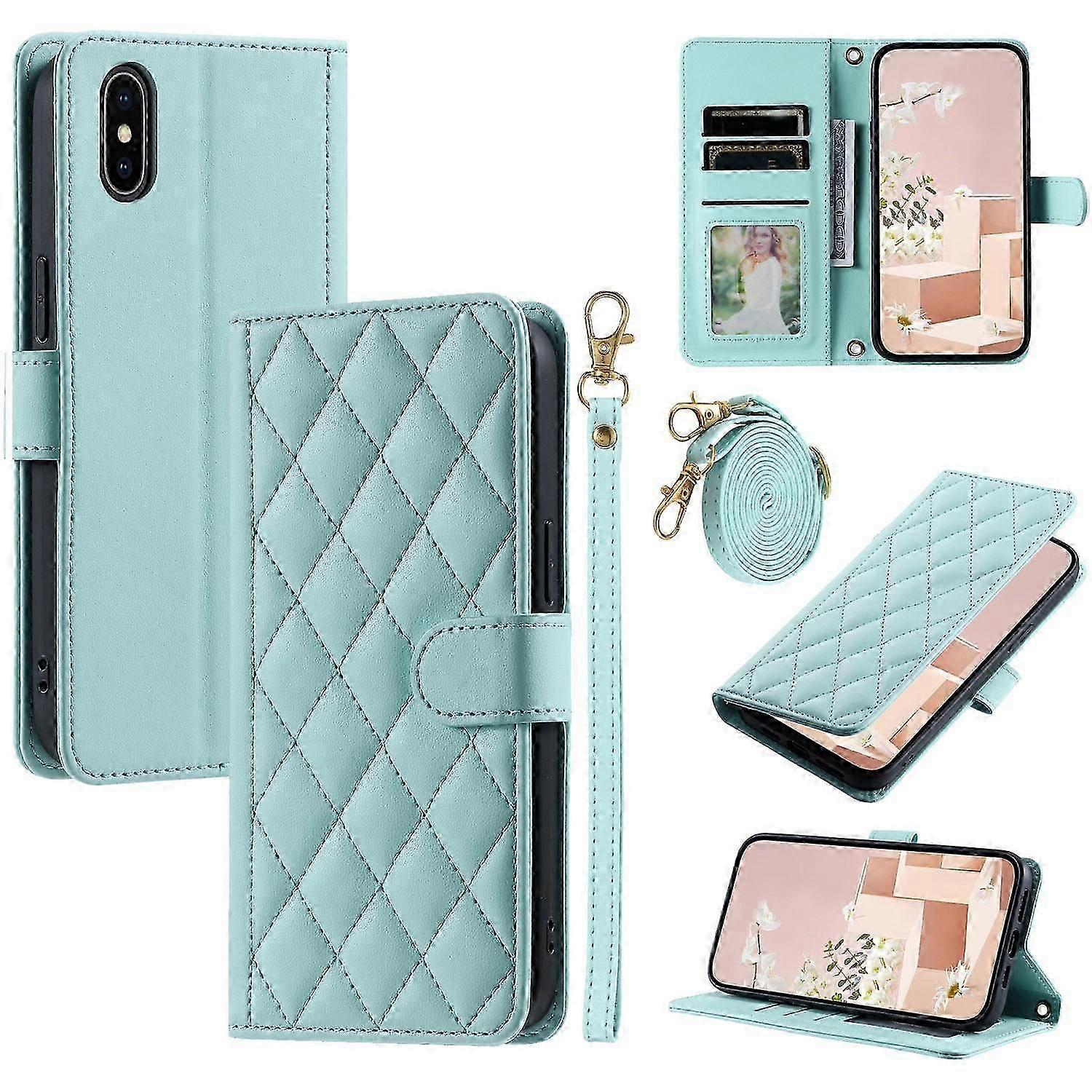 For iPhone XS Max Leather Wallet Case with Straps Rhombus Grid Phone Cover