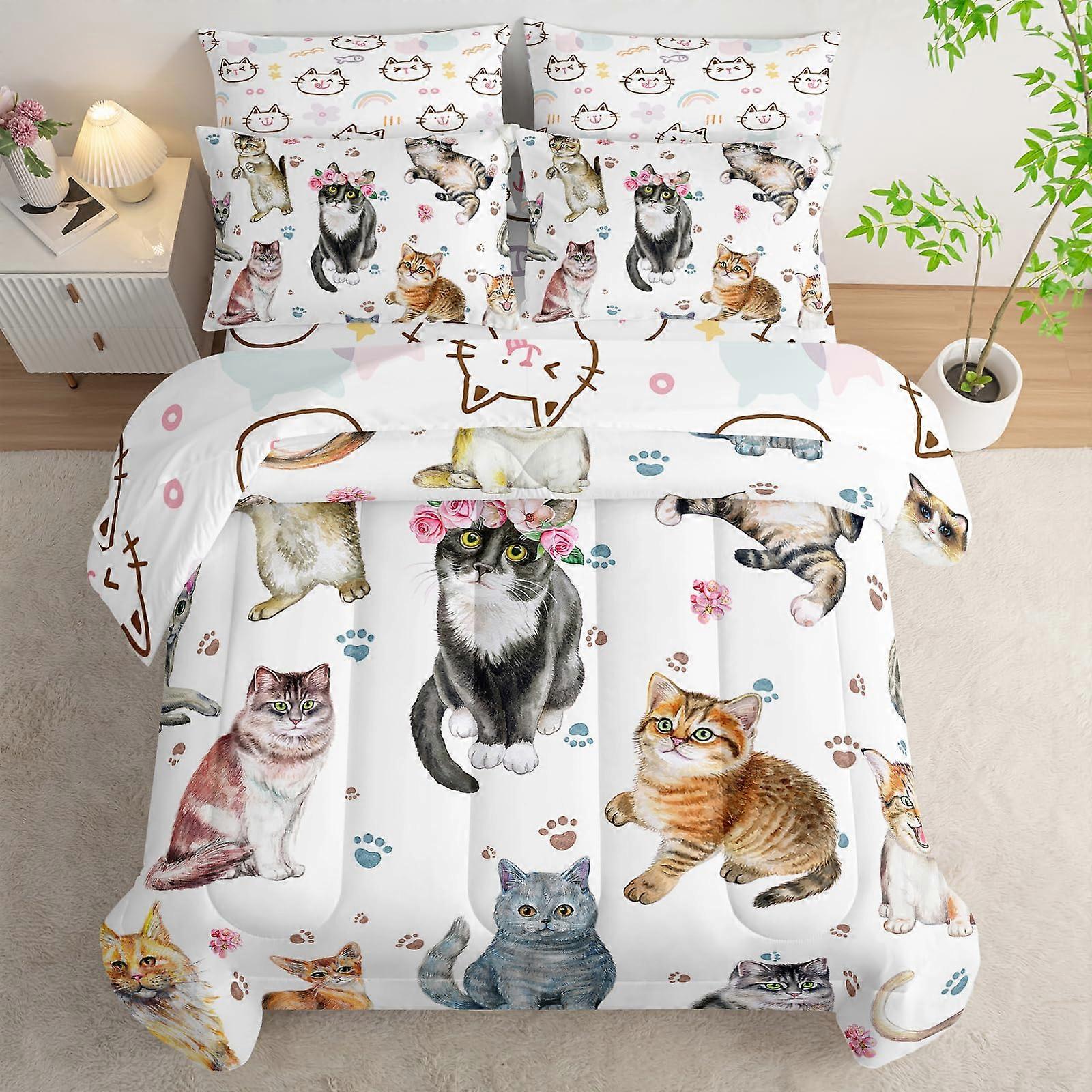 Kids Cat Comforter Set Full Size 7Piece Bed In A Bag Watercolor Cat Print Fitted Flat Sheets 2 Pillowcases 2 Shams
