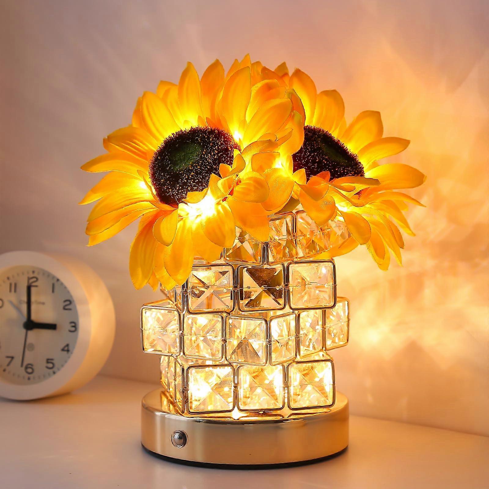 Sunflower Crystal Table Lamp with Touch Control, USB Rechargeable, Stepless Dimming, Bedroom Decor
