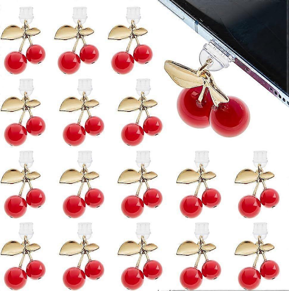 16Pcs 42.2mm Cherry Pendant Mobile Dustproof Plugs Phone Dust Plug Hanger Mobile Dustproof Plugs with Cherry Charm Type-C Dust Plugs for Cellphone Tab