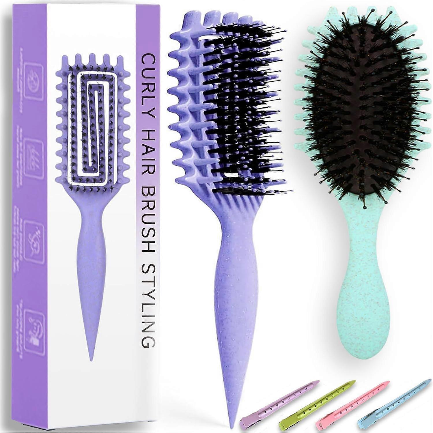 2 Pack Curl Defining Brush Set for Wet Curly Hair, Detangling Styling Brushes Green and Purple